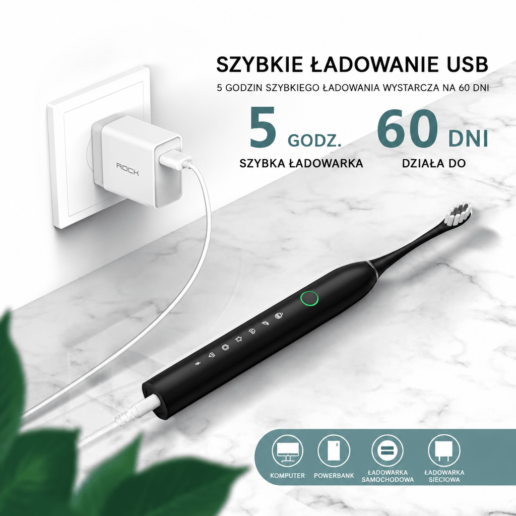 Szczoteczka do zębów elektryczna ultradźwiękowa z 5 trybami – Akumulatorowa, IPX7, do 120 dni pracy