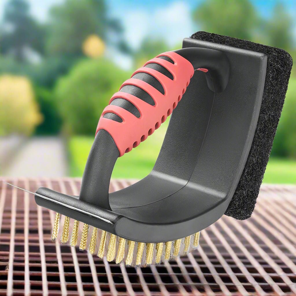 Szczotka do grilla 3 w 1 z mosiężnym włosiem i skrobaczką – Ergonomiczny uchwyt do czyszczenia grilla 0