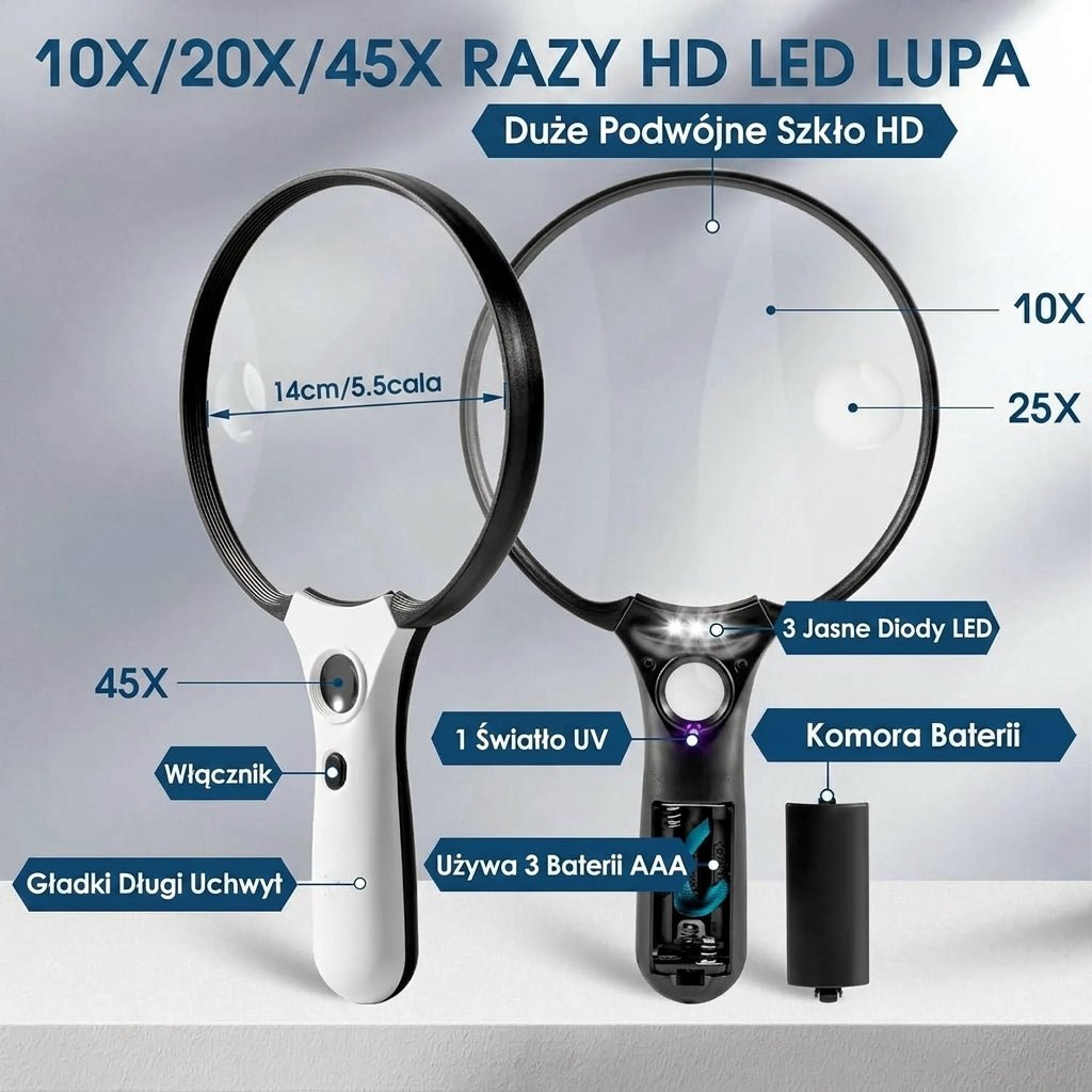 Szkło Powiększające 14cm z Oświetleniem LED – 10x, 20x, 45x do Czytania i Weryfikacji 2
