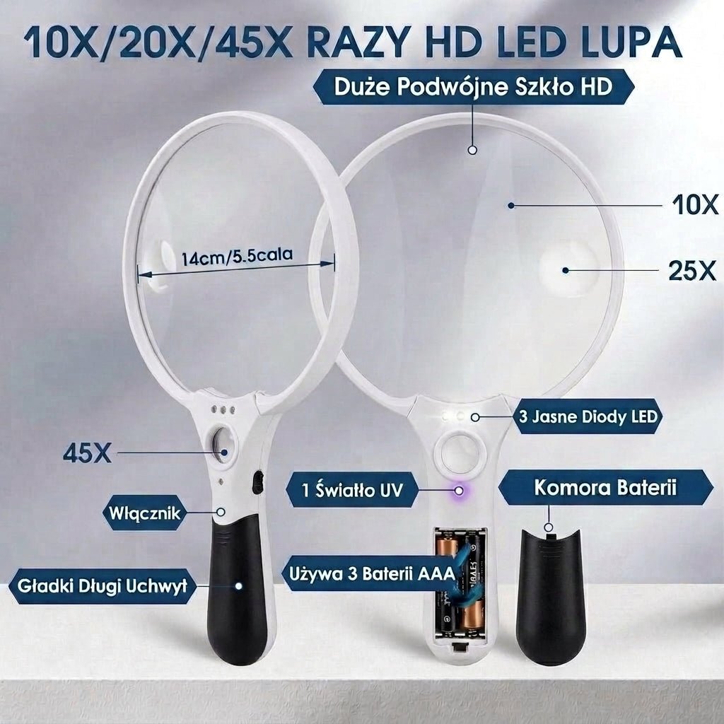 Szkło Powiększające 14cm z Oświetleniem LED – 10x, 20x, 45x do Czytania i Weryfikacji 3