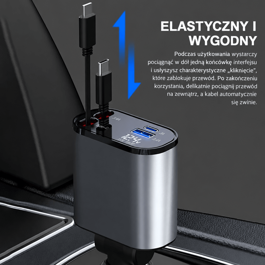 Szybka Ładowarka Samochodowa 100 W z Chowanym Kablem USB-C – Dwa Porty, Monitorowanie Napięcia