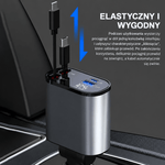 Szybka Ładowarka Samochodowa 100 W z Chowanym Kablem USB-C – Dwa Porty, Monitorowanie Napięcia