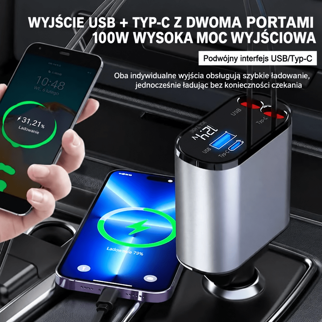 Szybka Ładowarka Samochodowa 100 W z Chowanym Kablem USB-C – Dwa Porty, Monitorowanie Napięcia