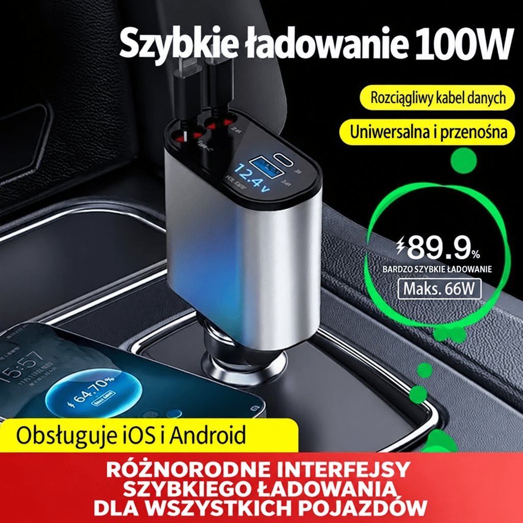 Szybka Ładowarka Samochodowa 100 W z Chowanym Kablem USB-C – Dwa Porty, Monitorowanie Napięcia