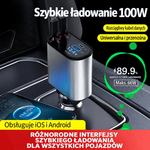 Szybka Ładowarka Samochodowa 100 W z Chowanym Kablem USB-C – Dwa Porty, Monitorowanie Napięcia