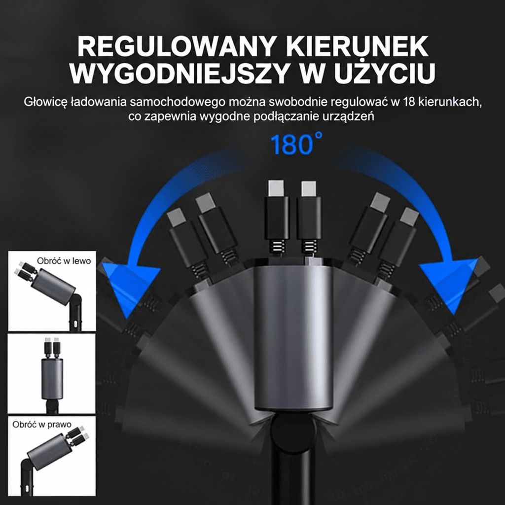 Szybka Ładowarka Samochodowa 100 W z Chowanym Kablem USB-C – Dwa Porty, Monitorowanie Napięcia