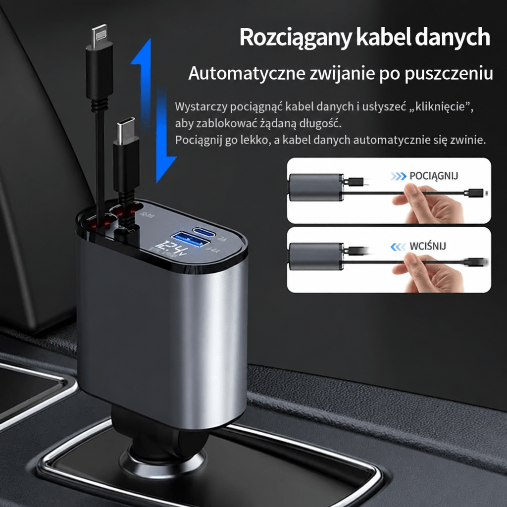 Szybka Ładowarka Samochodowa 100 W z Chowanym Kablem USB-C – Dwa Porty, Monitorowanie Napięcia