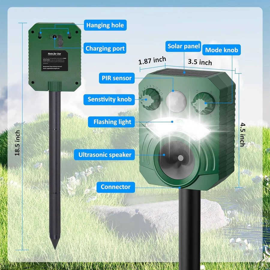 Ultradźwiękowy Odstraszacz Zwierząt z Czujnikiem Ruchu, Wodoodporny, Solar & USB 2