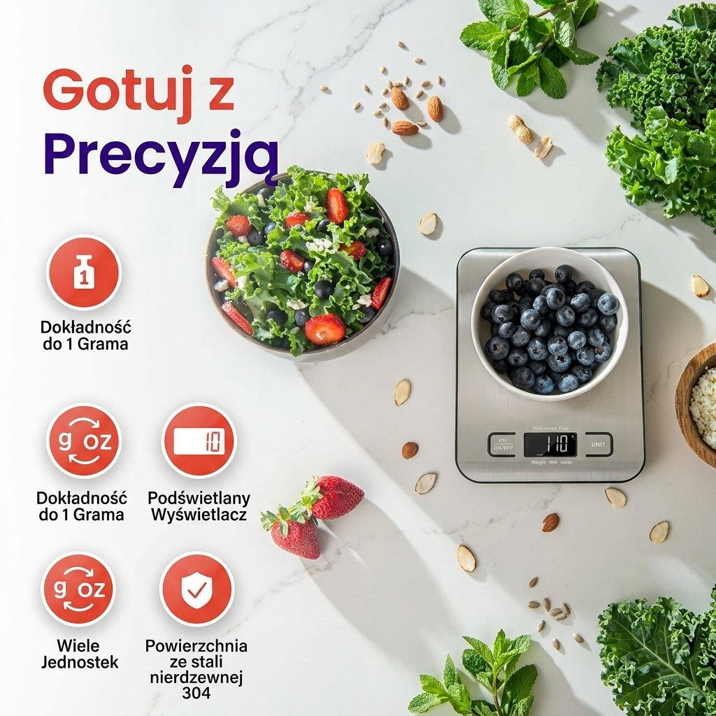 Waga Kuchenna Elektroniczna do 5 kg z Wyświetlaczem LCD – Dokładność 1 g, Funkcja Tarowania 3