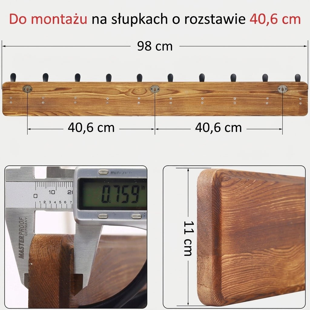 Wieszak na Ubrania na Ścianę z 10 Potrójnymi Haczykami – Drewniany do Przedpokoju i Łazienki 7