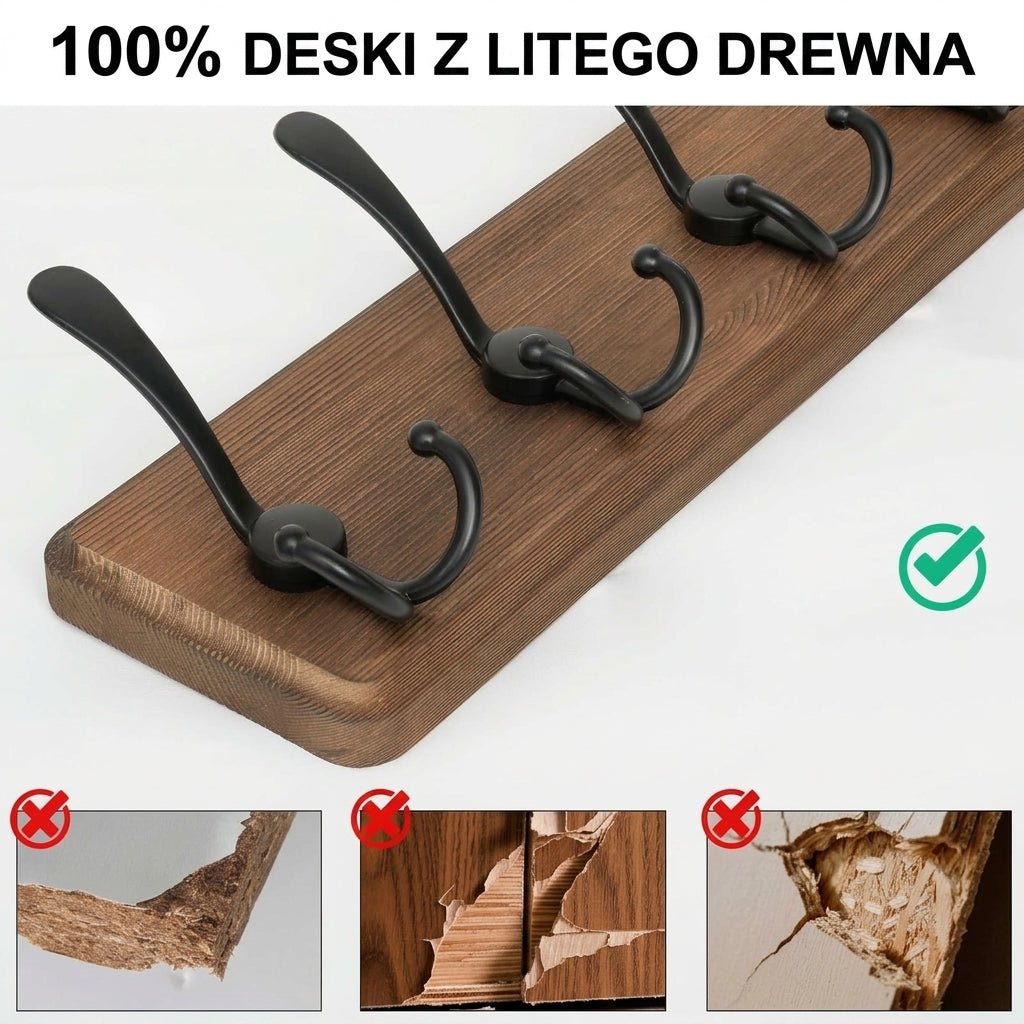 Wieszak na Ubrania na Ścianę z 10 Potrójnymi Haczykami – Drewniany do Przedpokoju i Łazienki 10