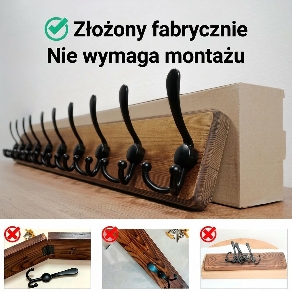 Wieszak na Ubrania na Ścianę z 10 Potrójnymi Haczykami – Drewniany do Przedpokoju i Łazienki 4
