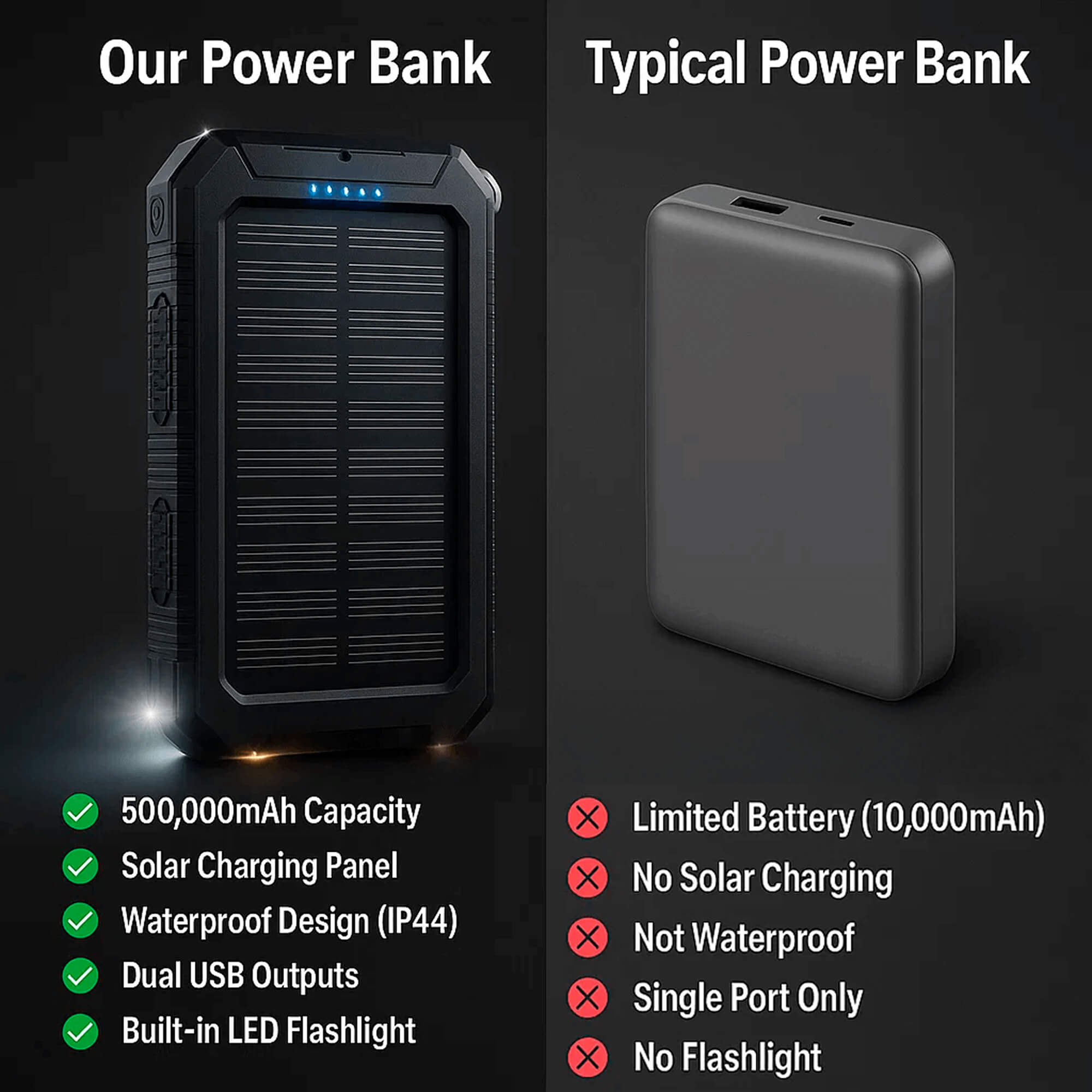 Wodoodporny Powerbank 500000 mAh z Ładowaniem Słonecznym - Idealny do Użytku na Zewnątrz 3