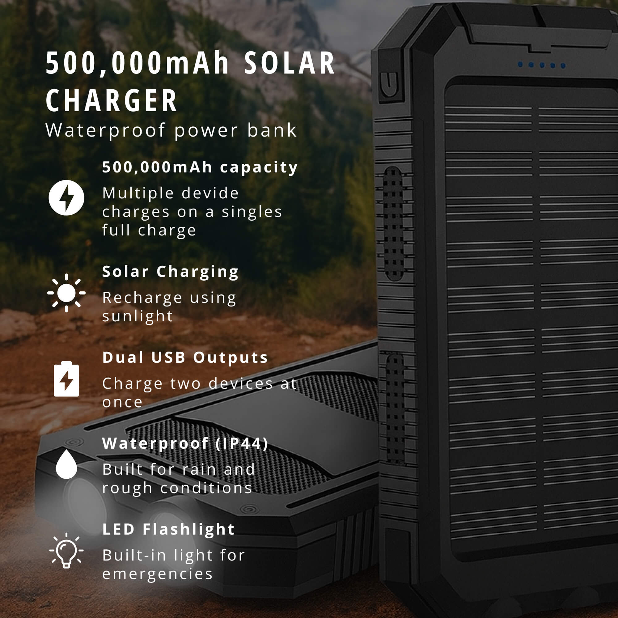 Wodoodporny Powerbank 500000 mAh z Ładowaniem Słonecznym - Idealny do Użytku na Zewnątrz 4