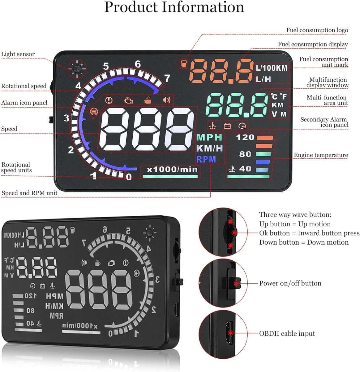 Wyświetlacz Head Up HUD P8 do Samochodu – 5,5'' Ekran, OBD2 i GPS, Montaż na Słupku A lub Desce 6