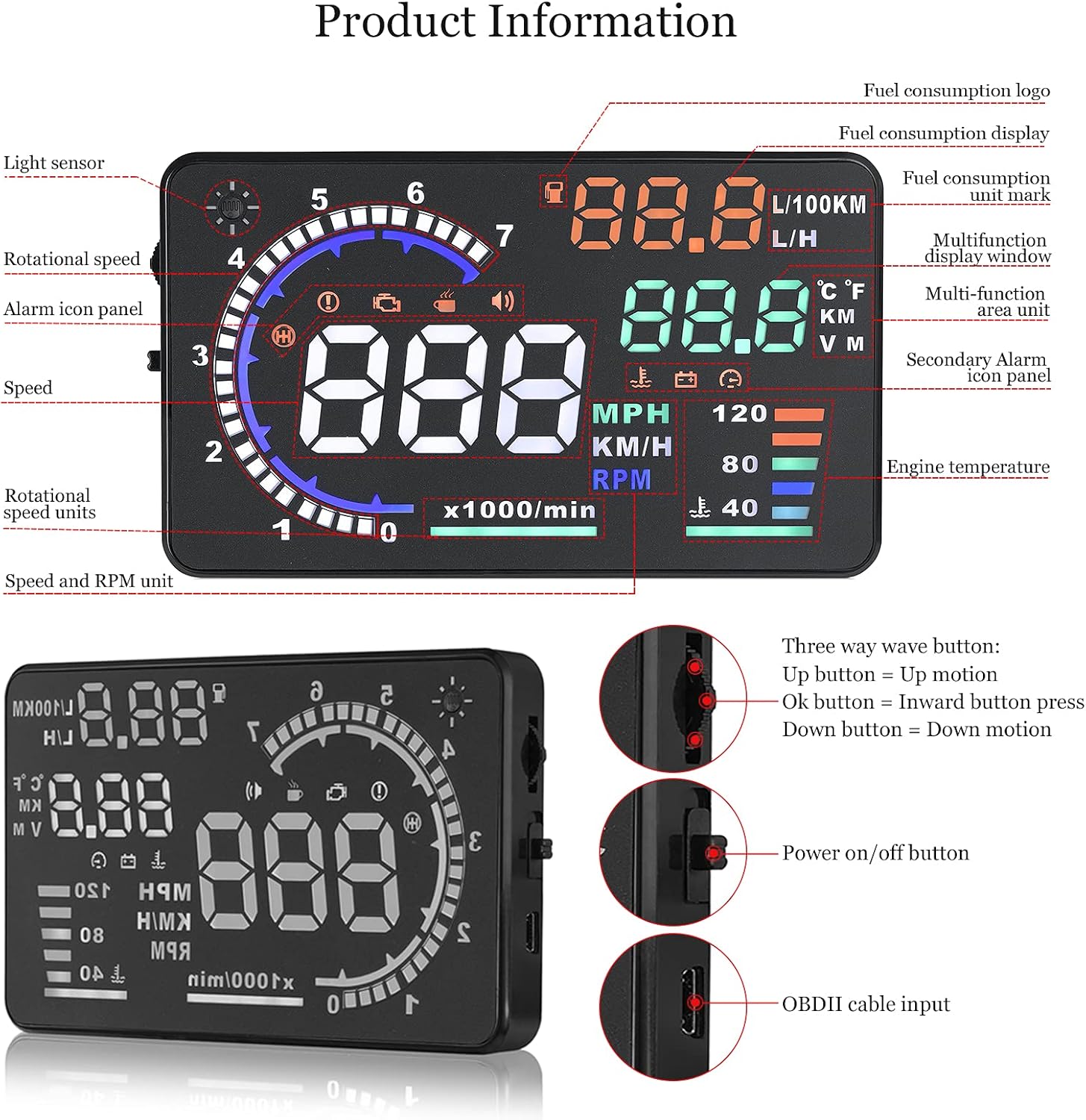 Wyświetlacz Head Up HUD P8 do Samochodu – 5,5'' Ekran, OBD2 i GPS, Montaż na Słupku A lub Desce 6