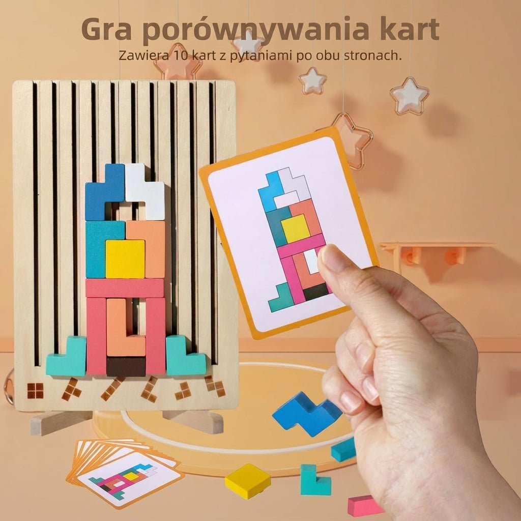 Zabawki Montessori Klocki Drewniane Edukacyjne z Kartami – 42 Elementy do Nauki i Zabawy 