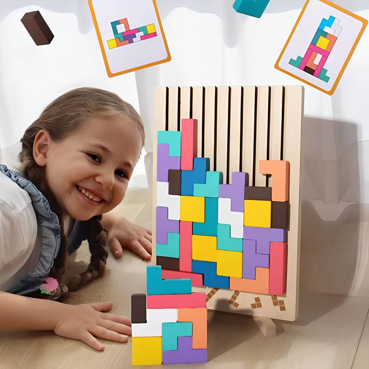 Zabawki Montessori Klocki Drewniane Edukacyjne z Kartami – 42 Elementy do Nauki i Zabawy 0