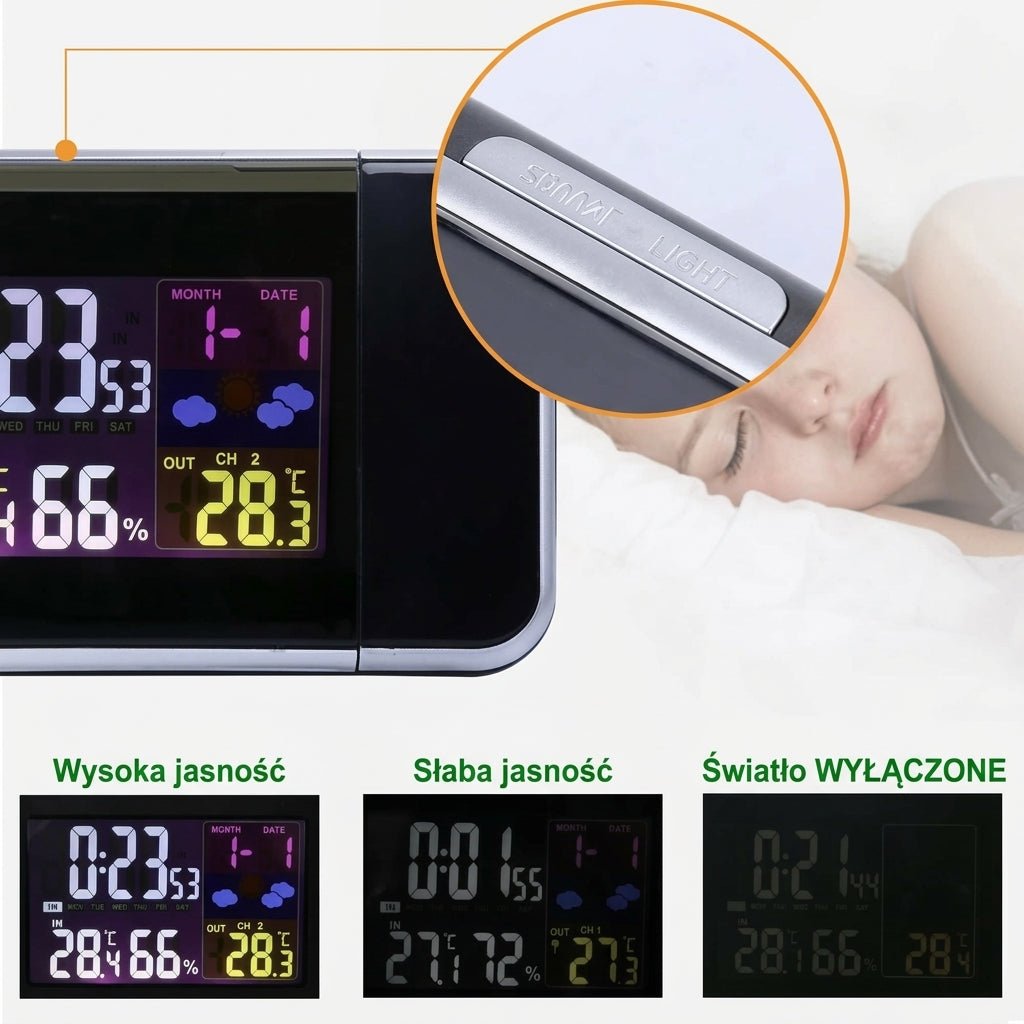 Zegar Projekcyjny z Wyświetlaczem LCD – Pomiar Temperatury i Wilgotności, Trzy Alarmy 7