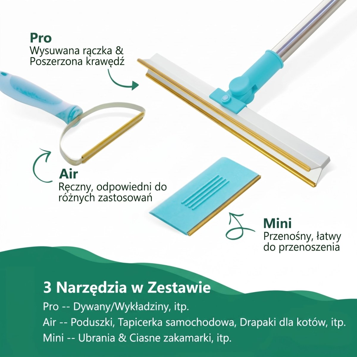 Zestaw Narzędzi Do Usuwania Sierści Zwierząt – 3 Elementy z Regulowanym Uchwytem 71-142 cm