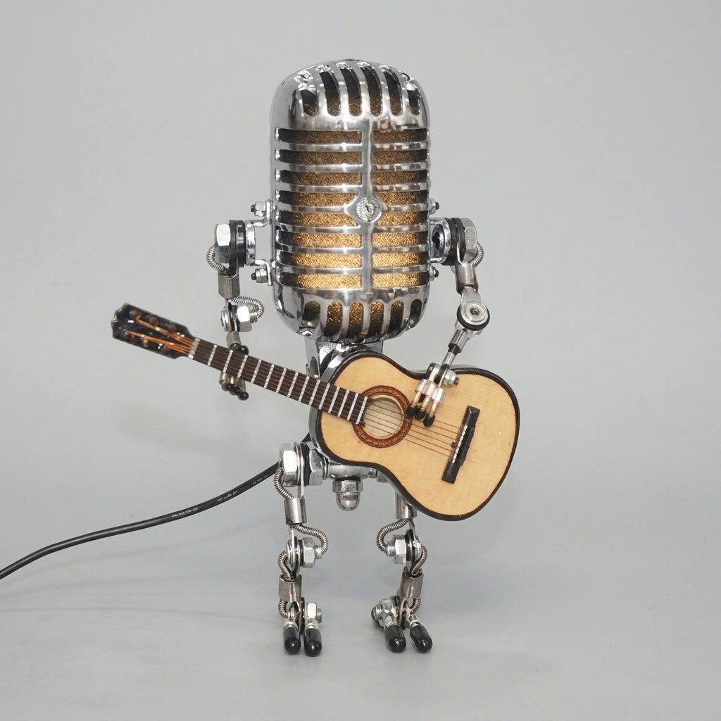 Robot Mikrofonowy z Lampą Gitarową – Metalowa Dekoracja Wnętrza w Stylu Retro 1