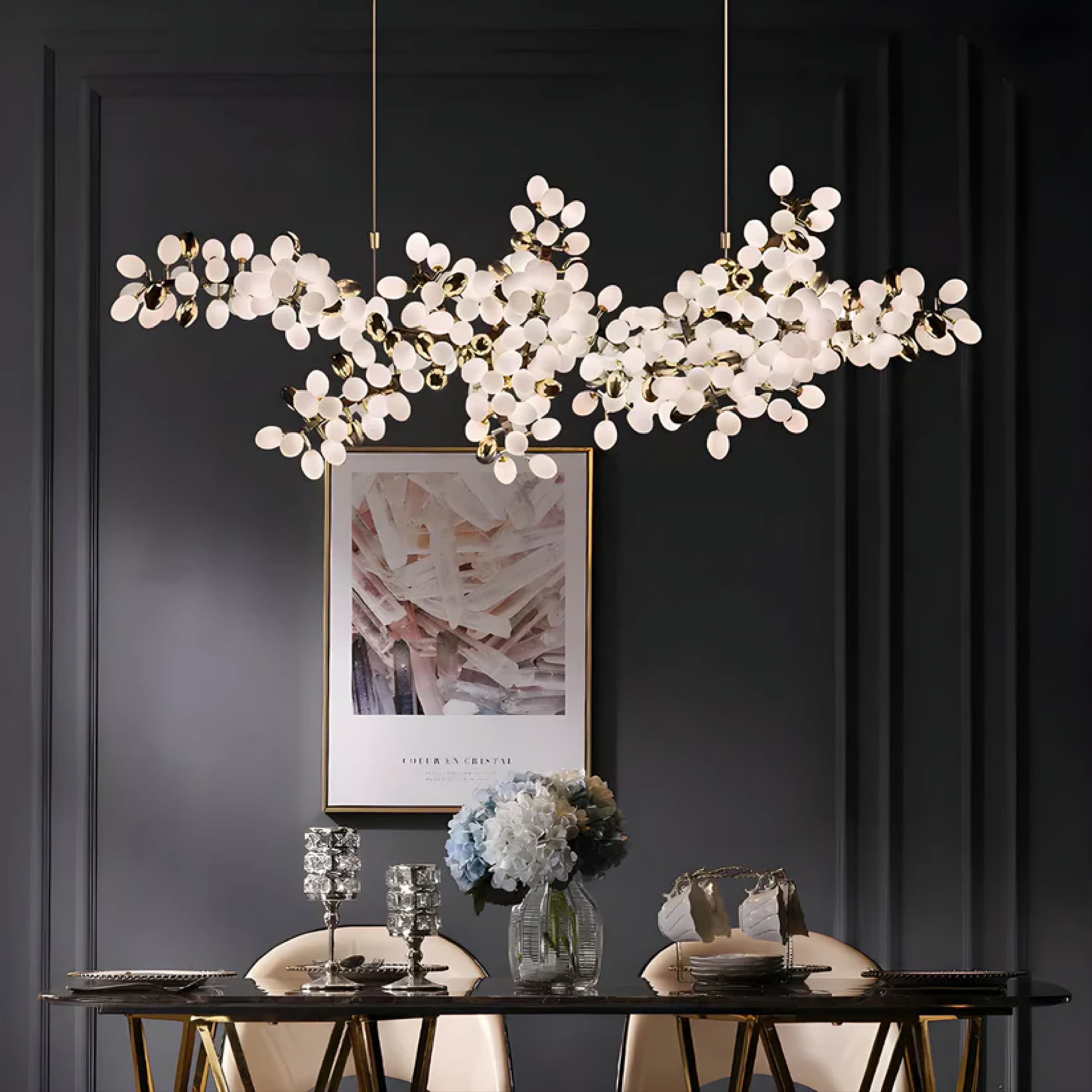 Żyrandol Kryształowy LED Do Salonu - Kwiatowy Design, Regulowana Wysokość, Eleganckie Oświetlenie 1