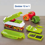 Krajalnica kuchenna w użyciu z wymiennymi wkładami i warzywami obok.