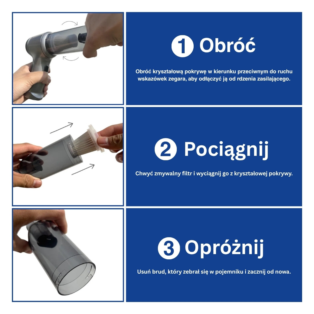 Mocny odkurzacz samochodowy bezprzewodowy – kroki opróżniania zabrudze
