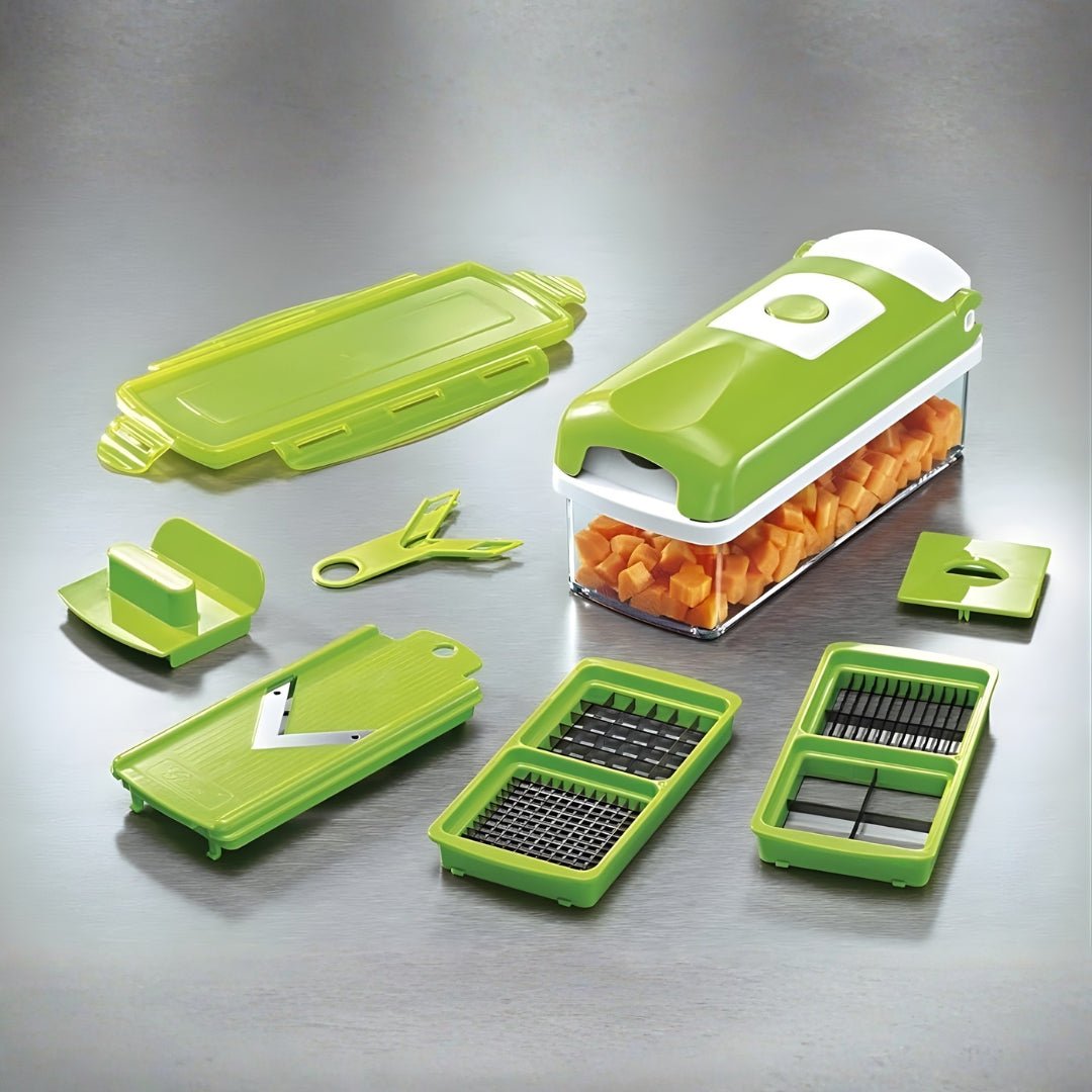 Krajalnica kuchenna z wymiennymi elementami na szarym tle.