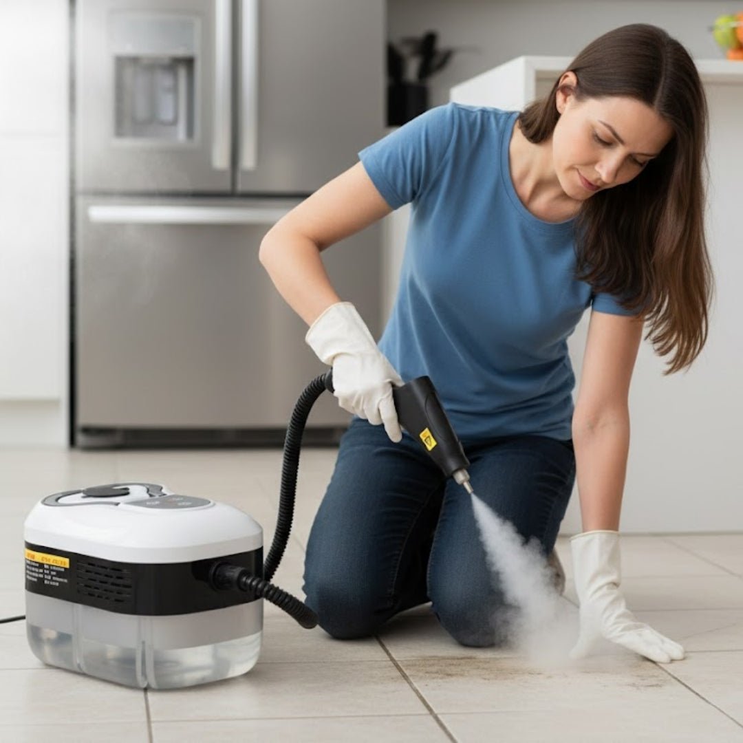 Wysokociśnieniowy czysciciel parowy z rękawicami ochronnymi do bezpiecznego i skutecznego czyszczenia